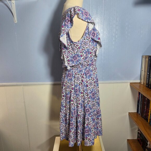 Loft Medium Pink Blue Floral V Neck Ruffle Sleeveless Knee Length Summer Dress - Picture 4 of 9